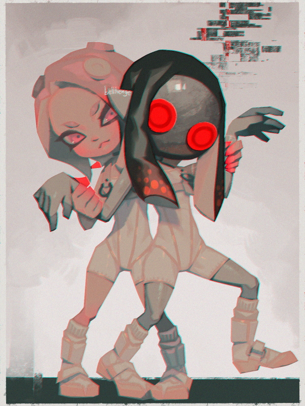 2girls :&lt; agent_8_(splatoon) arm_up artist_name bellhenge black_hair bodysuit boots border closed_mouth colored_skin english_commentary full_body glitch grey_hair grey_skin holding_another's_wrist jelleton kneehighs long_hair looking_at_another mask multicolored_hair multiple_girls octoling octoling_girl octoling_player_character parallel_canon pink_eyes pointy_ears red_eyes redhead sleeveless sleeveless_bodysuit socks splatoon_(series) splatoon_3 splatoon_3:_side_order standing standing_on_one_leg suction_cups tentacle_hair two-tone_hair white_bodysuit white_border white_footwear white_socks