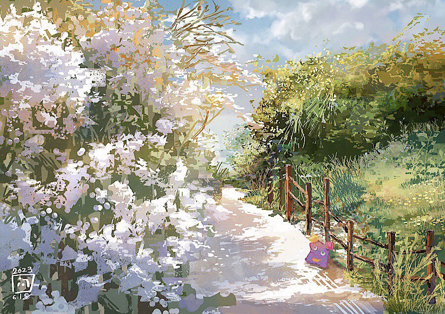 bush creature day fence fence_post flower grass mimoth nature no_humans original painting_(medium) path plant scenery sunlight tall_grass traditional_media tree wooden_fence