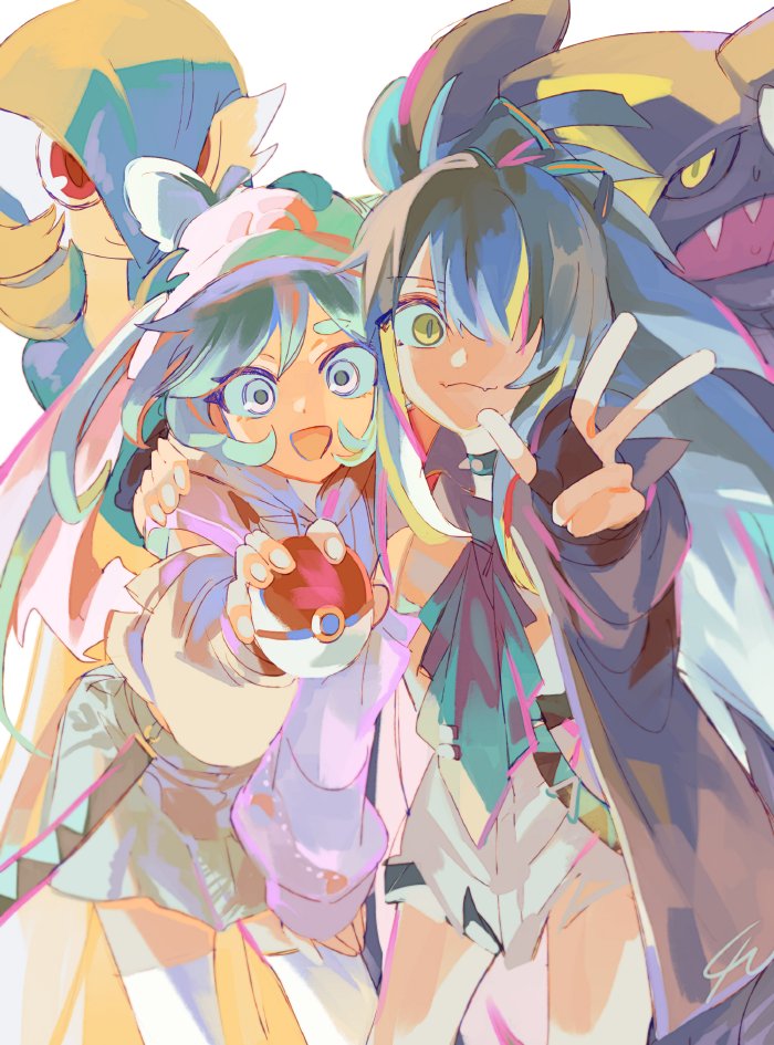 2girls aqua_hair blue_hair dragon fangs fingerless_gloves garchomp gardevoir gloves hair_over_one_eye hand_on_another's_shoulder hatsune_miku long_hair looking_at_viewer multiple_girls open_mouth poke_ball pokemon pokemon_(creature) project_voltage red_eyes senzzang thigh-highs v vocaloid white_thighhighs yellow_eyes