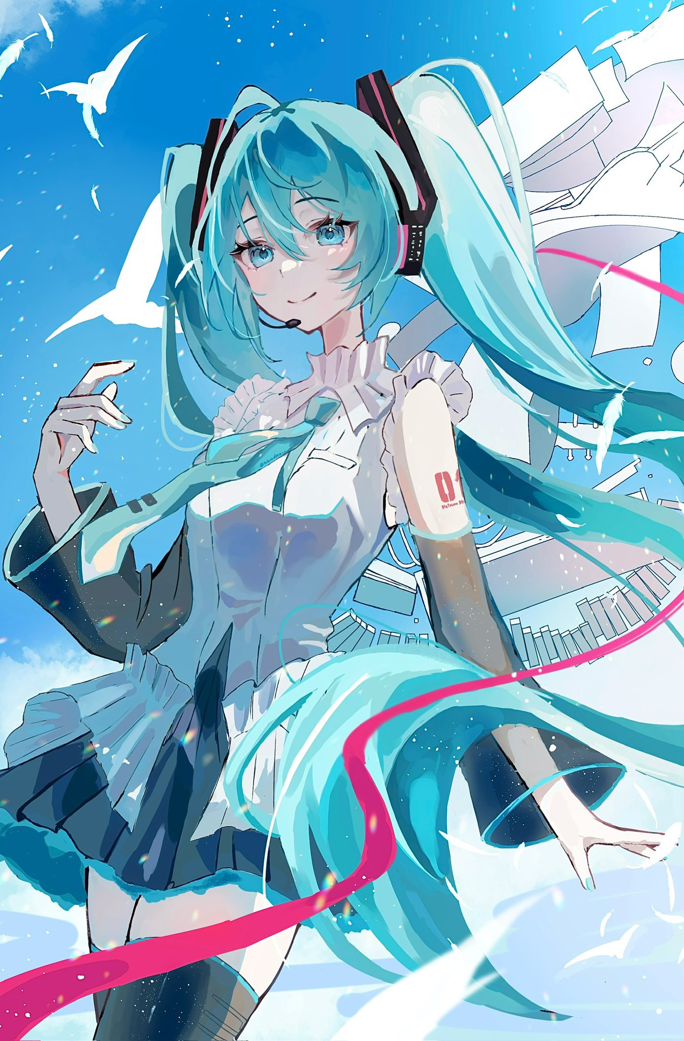 1girl arm_at_side bare_shoulders black_skirt black_thighhighs blue_eyes blue_hair blue_nails blue_necktie blue_sky breasts closed_mouth collared_shirt cowboy_shot day detached_sleeves floating_hair frilled_shirt frills hand_up hatsune_miku hatsune_miku_happy_16th_birthday_-dear_creators- headset highres legs_together long_hair long_sleeves looking_at_viewer medium_breasts microphone miniskirt nail_polish necktie number_tattoo outdoors pleated_skirt see-through see-through_sleeves shirt simple_bird skirt sky sleeveless sleeveless_shirt smile solo tattoo thigh-highs tie_clip tororogohan twintails very_long_hair vocaloid white_shirt zettai_ryouiki