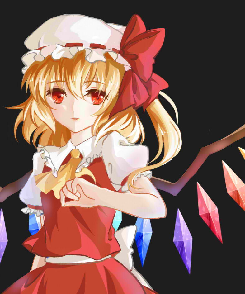 1girl ascot back_bow bow breasts collared_shirt cowboy_shot crystal dark_background flandre_scarlet frilled_shirt_collar frilled_sleeves frills hat hat_bow hat_ribbon looking_at_viewer lqk_jing_jia mob_cap multicolored_wings open_mouth puffy_short_sleeves puffy_sleeves red_bow red_eyes red_ribbon red_skirt red_vest ribbon ribbon-trimmed_headwear ribbon_trim shirt short_sleeves simple_background skirt skirt_set sleeve_ribbon small_breasts solo touhou vest white_bow white_headwear white_shirt wings yellow_ascot