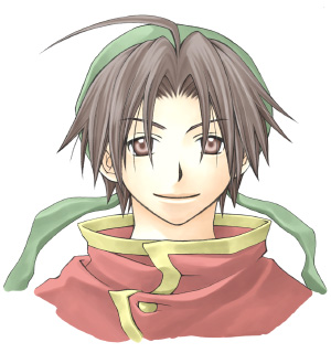 1boy ahoge bad_id bandana brown_hair gensou_suikoden green_bandana happy high_collar looking_at_viewer lowres male_focus parted_bangs rendezvous short_hair simple_background smile solo tir_mcdohl upper_body white_background