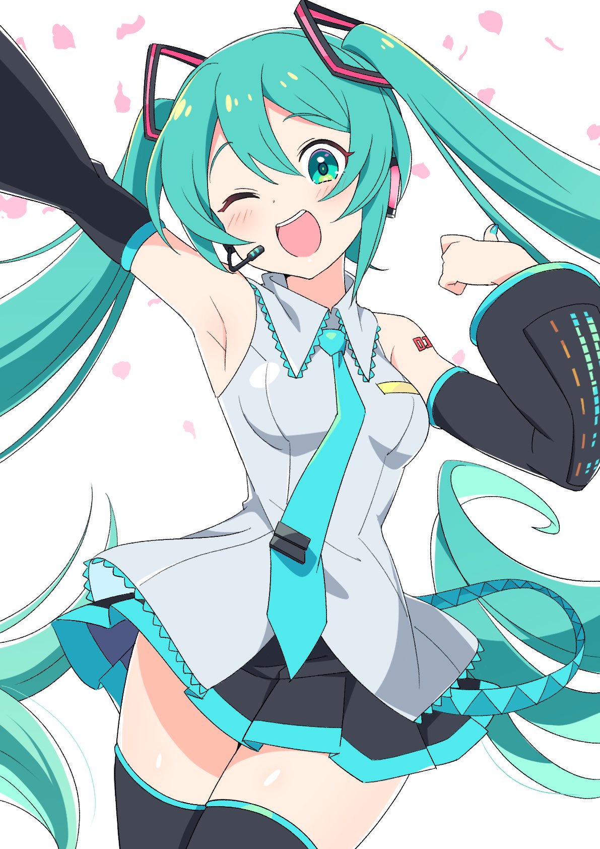 1girl :d arm_up armpits bare_shoulders black_skirt black_sleeves black_thighhighs blue_eyes blue_hair blue_nails blue_necktie blush collared_shirt cowboy_shot detached_sleeves dot_nose falling_petals frilled_shirt frills hatsune_miku headset highres kamuraaa_615 legs_together long_hair long_sleeves looking_at_viewer microphone miniskirt nail_polish necktie number_tattoo open_mouth petals pleated_skirt shirt sidelocks simple_background skirt sleeveless sleeveless_shirt smile solo tattoo teeth thick_thighs thigh-highs thighs tie_clip twintails upper_teeth_only very_long_hair vocaloid white_background white_shirt zettai_ryouiki
