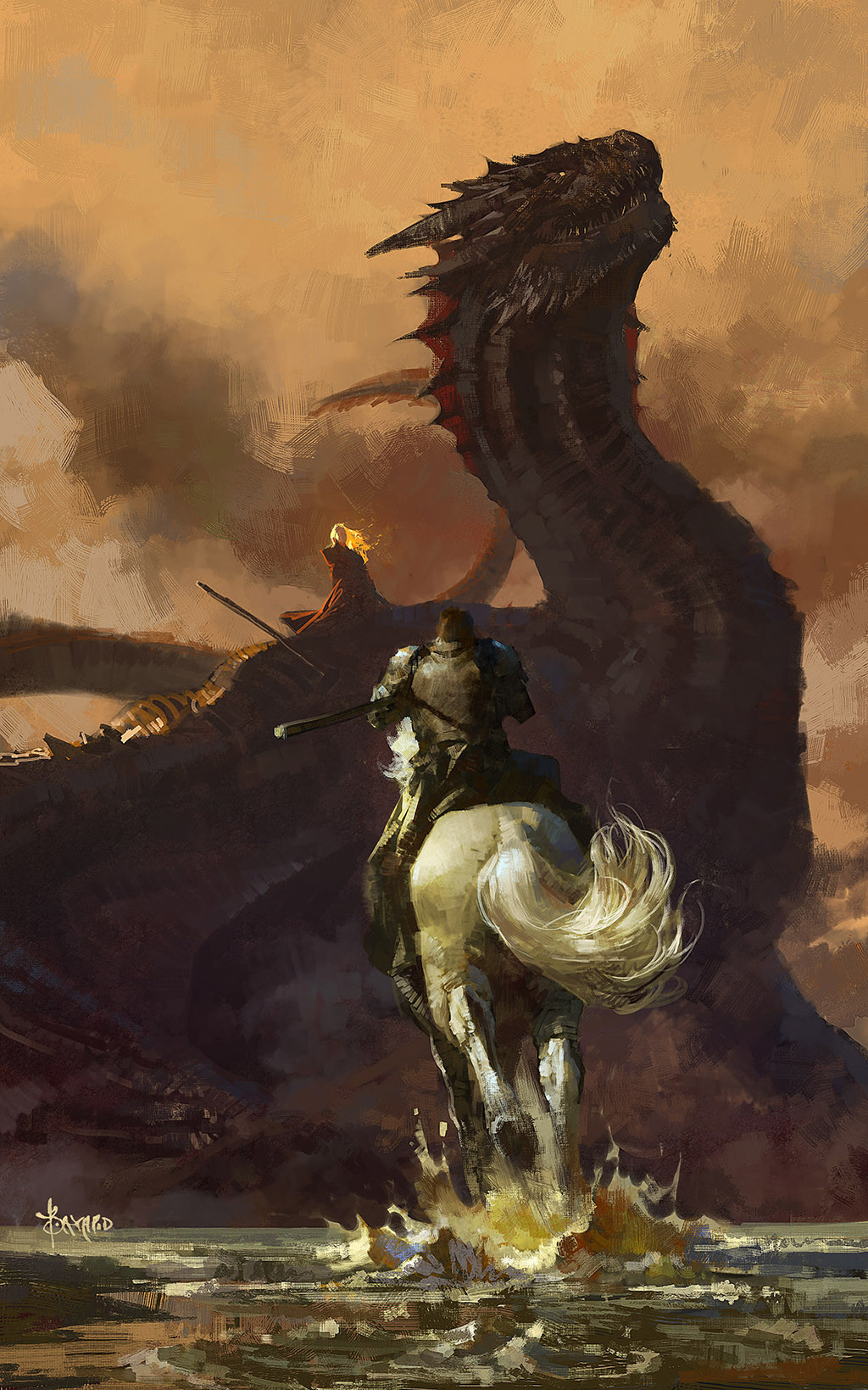 1boy 1girl a_song_of_ice_and_fire armor artist_name bayard_wu breastplate charging_forward clouds cloudy_sky commentary daenerys_targaryen dragon dragon_riding drogon english_commentary facing_away fantasy game_of_thrones highres horns horse horseback_riding jaime_lannister open_mouth orange_sky outdoors painterly pauldrons realistic riding sharp_teeth shoulder_armor sky tail teeth water western_dragon wide_shot wings yellow_eyes