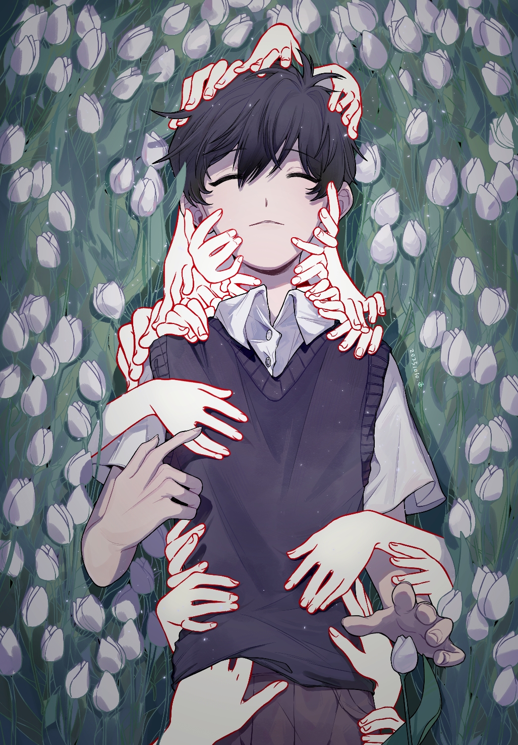 1boy antenna_hair black_hair black_sweater_vest brown_shorts buttons closed_eyes closed_mouth collared_shirt flower ggneverover grass hair_behind_ear hair_between_eyes hand_focus highres lying omori on_back on_grass outdoors shirt short_hair short_sleeves shorts solo sunny_(omori) sweater_vest tulip white_flower white_shirt white_tulip