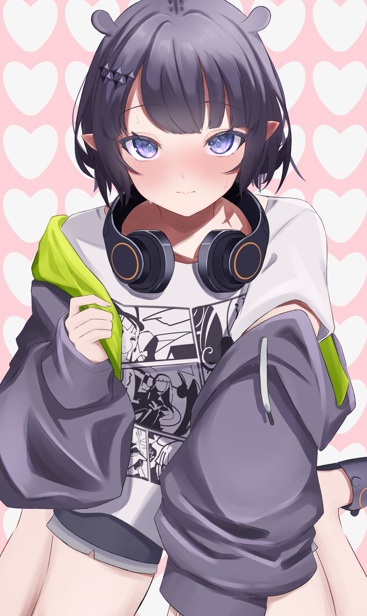 1girl adjusting_clothes animal_slippers atab16_h between_legs black_footwear black_shorts blush closed_mouth commentary drawstring green_hoodie grey_hoodie hair_ornament hairclip hand_between_legs headphones headphones_around_neck heart heart_background highres hololive hololive_english hood hood_down hoodie light_blush long_sleeves looking_at_viewer loose_hair_strand ninomae_ina'nis ninomae_ina'nis_(5th_costume) nose_blush on_ground open_clothes open_hoodie pink_background pointy_ears purple_hair raised_eyebrows shirt short_hair short_shorts short_sleeves shorts sitting slippers symbol-only_commentary t-shirt two-tone_hoodie violet_eyes wariza white_shirt