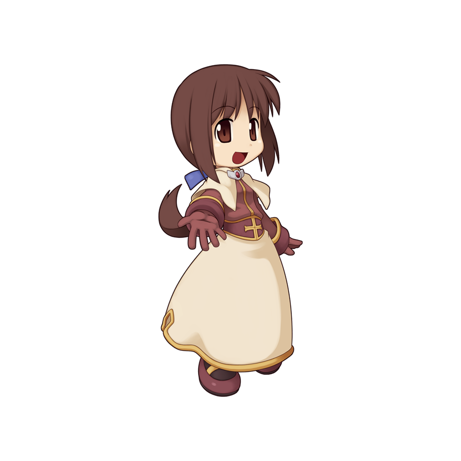 1girl :d acolyte_(ragnarok_online) black_socks bob_cut breasts brown_eyes brown_gloves brown_hair brown_shirt capelet chibi full_body gloves long_sleeves looking_at_viewer low_ponytail mary_janes medium_bangs official_art open_mouth ragnarok_online shirt shoes simple_background skirt small_breasts smile socks solo standing tachi-e transparent_background white_capelet white_skirt yuichirou