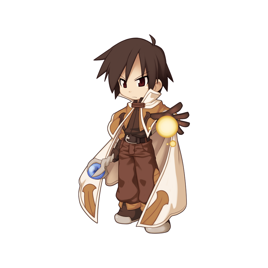 1boy ahoge belt brown_belt brown_capelet brown_eyes brown_footwear brown_gloves brown_hair brown_pants brown_shirt cape capelet chibi closed_mouth frown full_body gloves hair_between_eyes holding holding_staff looking_at_viewer mage_(ragnarok_online) magic male_focus medium_bangs official_art pants ragnarok_online shirt shoes short_hair simple_background solo staff standing tachi-e transparent_background v-shaped_eyebrows white_cape yuichirou