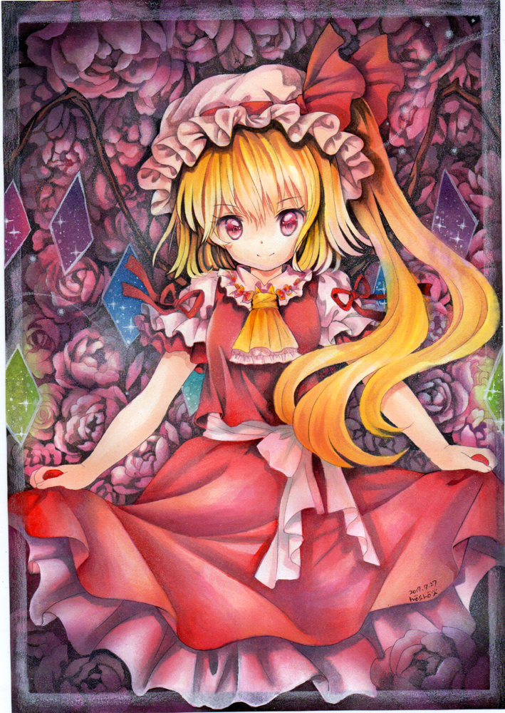 1girl ascot blonde_hair breasts closed_mouth flandre_scarlet frilled_ascot frilled_skirt frills hair_between_eyes hat hat_ribbon long_hair looking_at_viewer mob_cap mosho multicolored_wings one_side_up puffy_short_sleeves puffy_sleeves red_eyes red_ribbon red_skirt red_vest ribbon ribbon-trimmed_headwear ribbon_trim shirt short_sleeves skirt sleeve_ribbon small_breasts solo touhou traditional_media vest white_headwear white_shirt wings yellow_ascot
