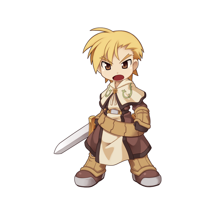 1boy armored_boots asymmetrical_hair belt blonde_hair boots brown_eyes brown_footwear brown_pants brown_shirt brown_shorts capelet chibi full_body holding holding_sword holding_weapon looking_at_viewer male_focus medium_bangs official_art open_mouth pants ragnarok_online scabbard sheath shirt short_hair shorts simple_background solo standing sword swordsman_(ragnarok_online) tachi-e transparent_background v-shaped_eyebrows weapon white_capelet yuichirou