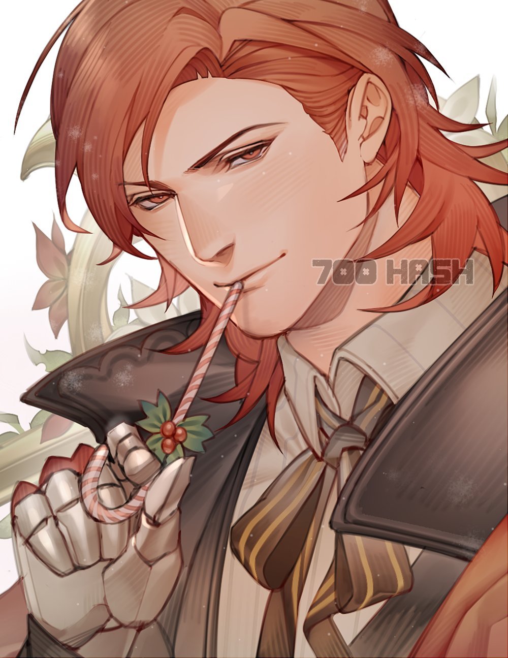1boy 700hash artist_name black_jacket candy candy_cane closed_mouth collared_shirt food gauntlets granblue_fantasy highres holding holding_candy holding_food jacket looking_at_viewer male_focus official_alternate_costume percival_(granblue_fantasy) red_eyes redhead shirt short_hair solo white_shirt