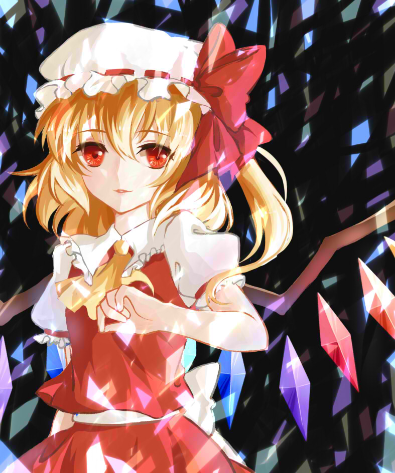 1girl ascot back_bow bow breasts collared_shirt cowboy_shot crystal dark_background flandre_scarlet frilled_shirt_collar frilled_sleeves frills hat hat_bow hat_ribbon looking_at_viewer lqk_jing_jia mob_cap multicolored_wings open_mouth puffy_short_sleeves puffy_sleeves red_bow red_eyes red_ribbon red_skirt red_vest ribbon ribbon-trimmed_headwear ribbon_trim shirt short_sleeves simple_background skirt skirt_set sleeve_ribbon small_breasts solo touhou vest white_bow white_headwear white_shirt wings yellow_ascot