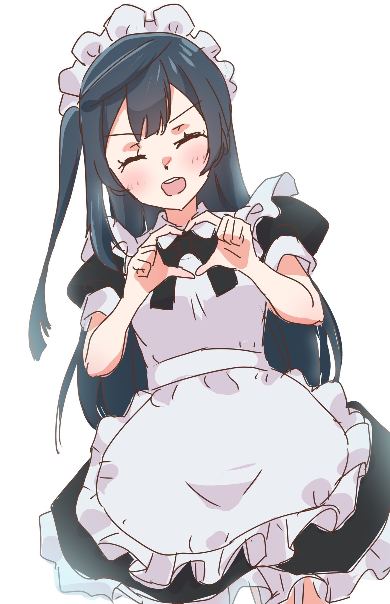 1girl alternate_costume apron black_dress blush closed_eyes commentary_request dress enmaided facing_viewer frilled_apron frills heart heart_hands highres long_hair love_live! love_live!_nijigasaki_high_school_idol_club maid maid_apron maid_headdress one_side_up open_mouth poizun_(user_wmgk4287) puffy_short_sleeves puffy_sleeves short_sleeves solo standing teeth upper_body upper_teeth_only v-shaped_eyebrows white_apron white_background yuki_setsuna_(love_live!)