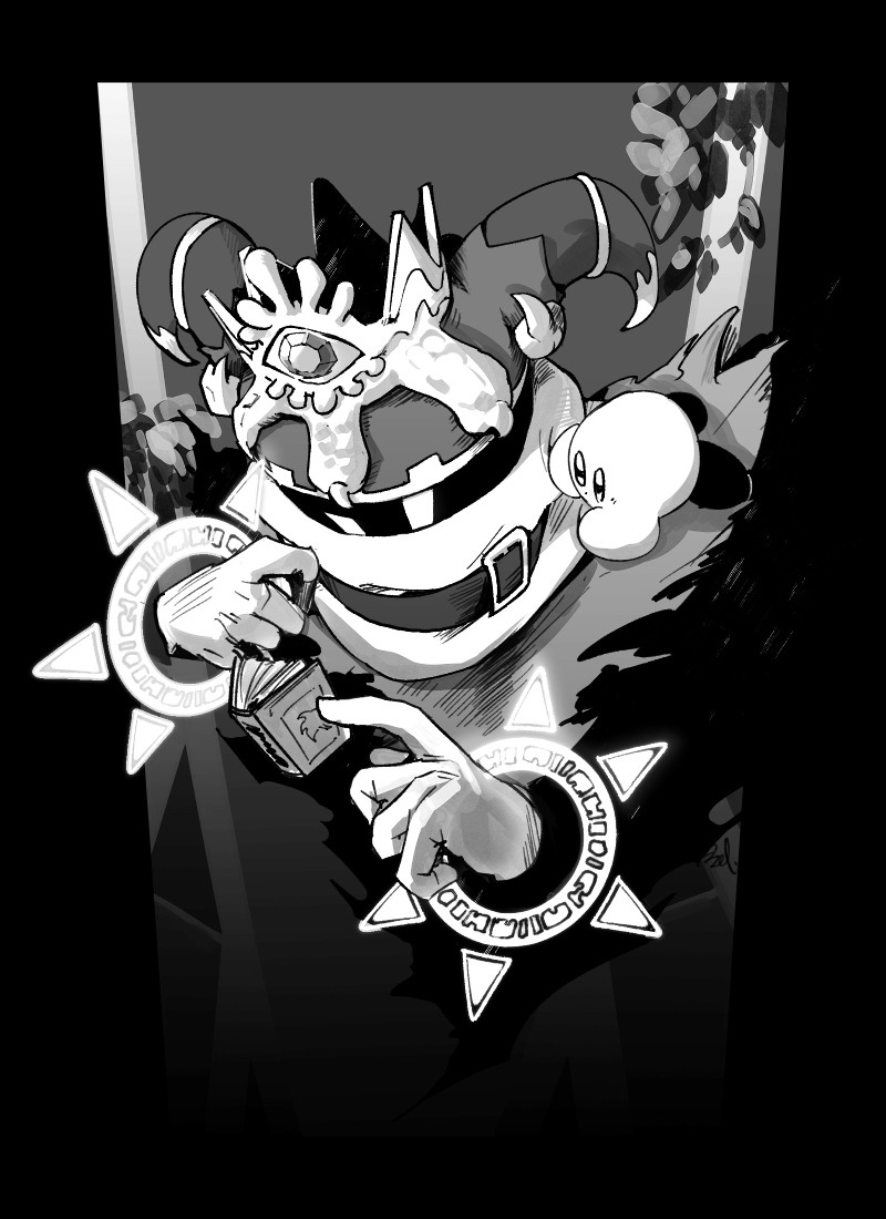 bel_(doting123) book commentary_request crown greyscale holding holding_book horns kirby kirby's_return_to_dream_land kirby_(series) magolor master_crown monochrome no_humans on_shoulder rayman_limbs solid_oval_eyes