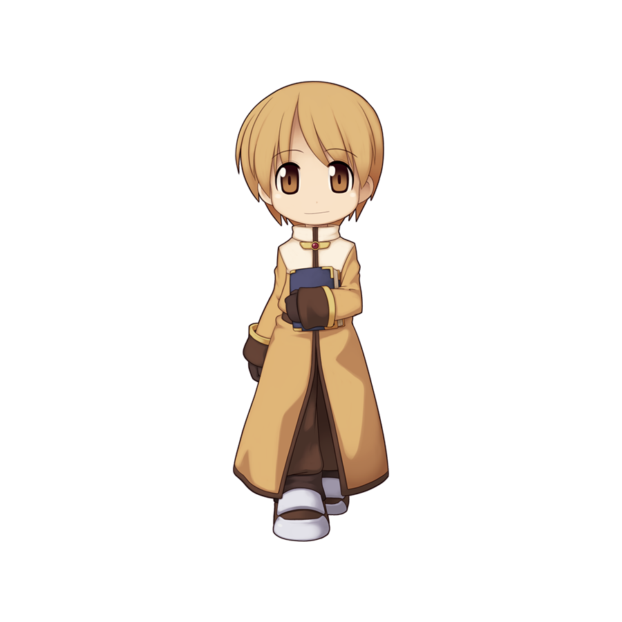 1boy acolyte_(ragnarok_online) armored_boots bob_cut book boots brown_eyes brown_footwear brown_gloves brown_pants cassock chibi closed_mouth full_body gloves holding holding_book light_brown_hair long_sleeves looking_at_viewer male_focus medium_bangs official_art pants ragnarok_online short_hair simple_background smile solo tachi-e transparent_background walking yuichirou