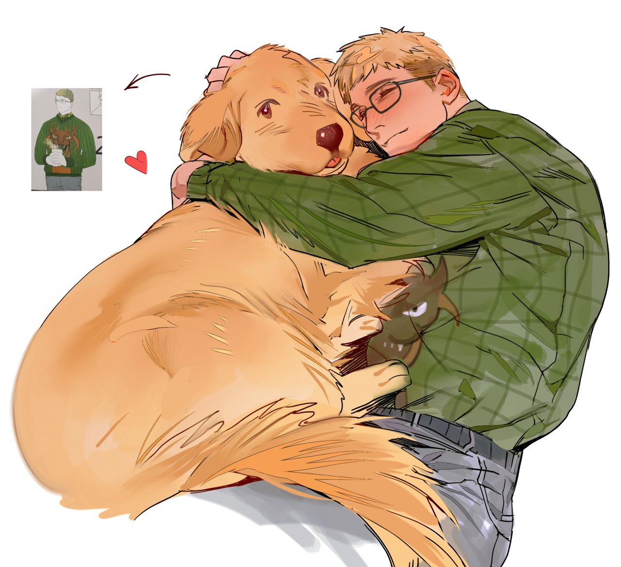 1boy affectionate animal_hug bespectacled blonde_hair blue_octopus12 collared_shirt cropped_legs dog dungeon_meshi glasses heart laios_thorden male_focus official_alternate_costume print_shirt reference_inset shirt solo thick_eyebrows yellow_eyes