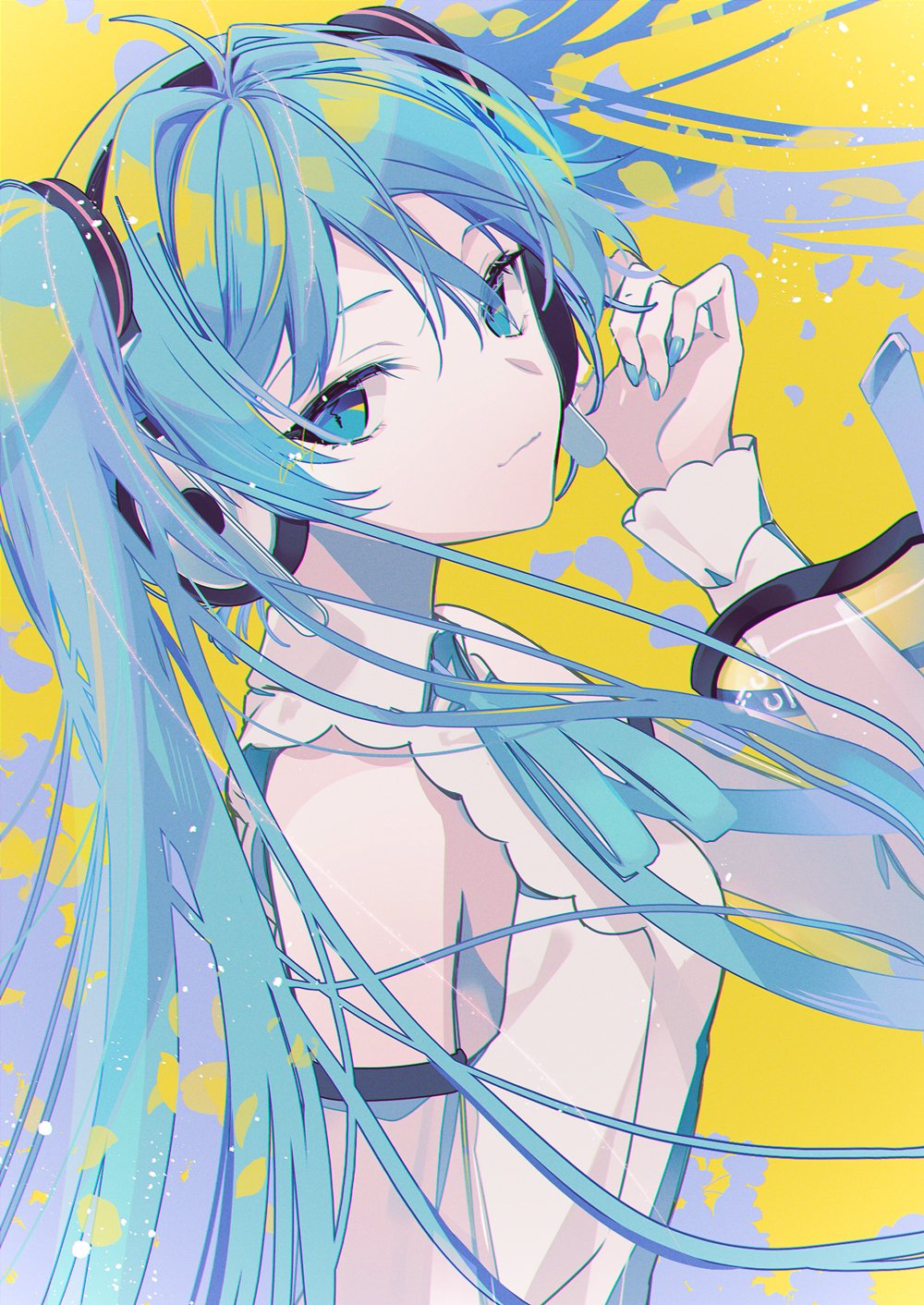 1girl antenna_hair blue_eyes blue_hair blue_nails breasts closed_mouth collared_shirt detached_sleeves falling_leaves from_side hair_between_eyes hair_ornament hand_up hatsune_miku head_tilt headphones highres leaf long_hair long_sleeves nail_polish see-through see-through_sleeves shirt sidelocks simple_background sleeveless sleeveless_shirt small_breasts smile solo tomo7xxxx twintails upper_body vocaloid white_shirt yellow_background