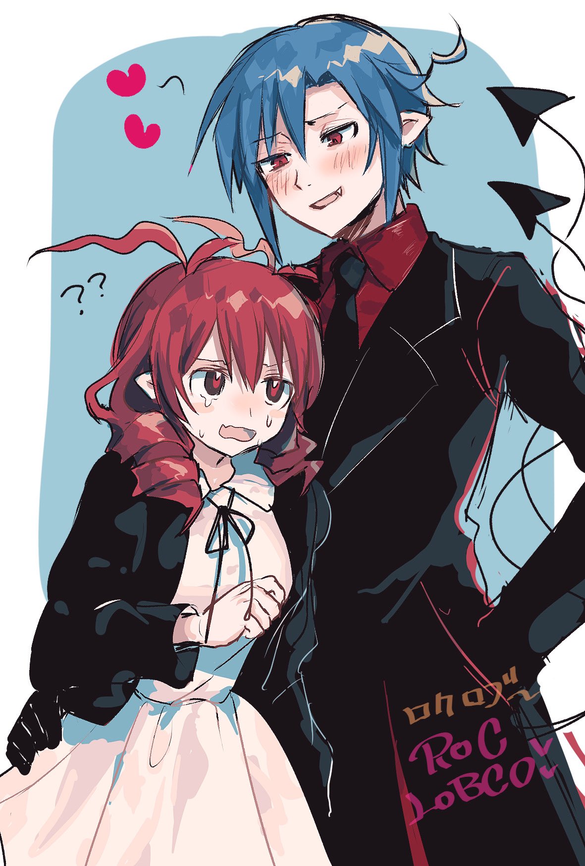 1boy 1girl 243_kou ? ?? antennae black_jacket black_necktie black_ribbon black_suit blue_background blue_hair border character_name demon_tail dress drill_hair fang funamusea hair_intakes hand_in_pocket hand_on_another's_hip heart highres hijoushiki_roc jacket light_blush lobco_(wadanohara) necktie oounabara_to_wadanohara open_mouth red_eyes red_shirt redhead ribbon shirt skin_fang suit sweat sweatdrop tail tears twin_drills wavy_mouth white_border white_dress