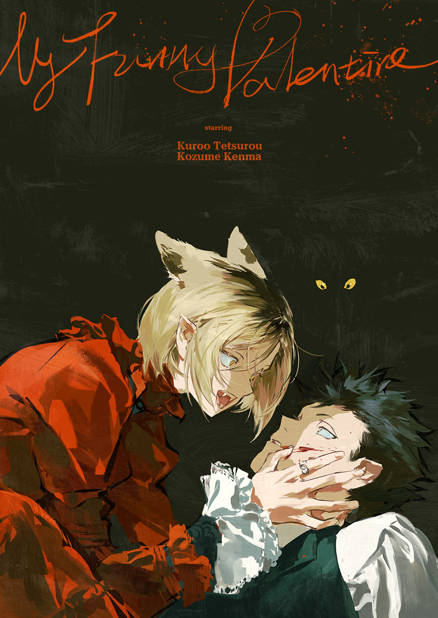 2boys animal_ears black_background black_hair blonde_hair blood blood_on_face blue_eyes cat_ears crossdressing dress extra_ears fangs frilled_sleeves frills haikyuu!! highres huangdanlan jewelry kozume_kenma kuroo_tetsurou long_sleeves looking_at_another male_focus multiple_boys open_mouth pointy_ears puffy_sleeves red_dress ring shirt short_hair vampire vest white_shirt yellow_eyes
