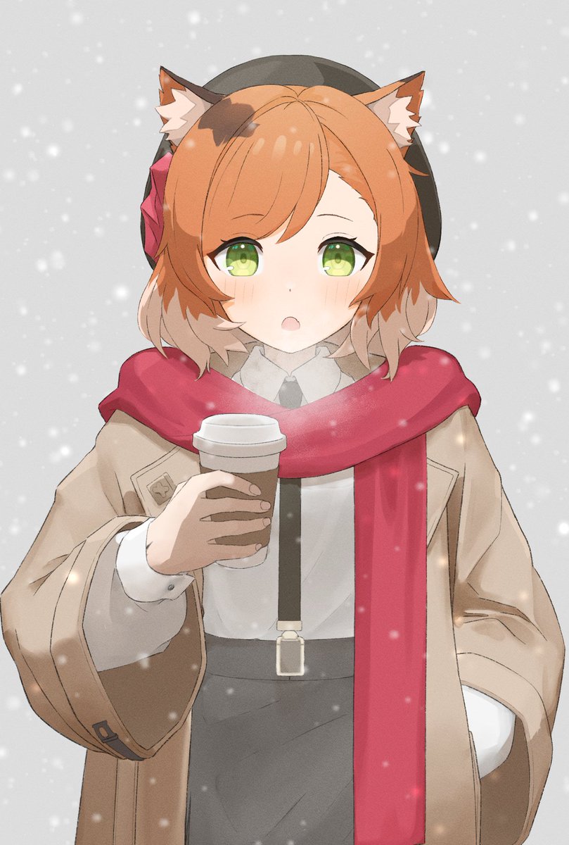 1girl :o animal_ears arknights beret black_headwear black_necktie black_skirt blush brown_coat brown_hair cat_ears cat_girl coat collared_shirt cup disposable_cup dot_nose green_eyes grey_background hand_in_pocket hat high-waist_skirt highres holding holding_cup layered_clothes long_sleeves looking_at_viewer medium_hair mousse_(arknights) mousse_(campfire_cooking_smoke)_(arknights) multicolored_hair necktie okaru4765857 open_clothes open_coat open_mouth parted_bangs red_scarf scarf shirt simple_background skirt snowing solo straight-on two-tone_hair white_hair white_shirt