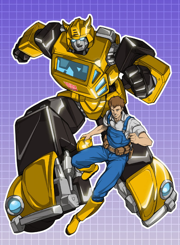 1boy blue_eyes blue_overalls boots bumblebee_(transformers) clenched_hands collared_shirt glowing glowing_eyes grey_shirt grid_background helmet holding holding_helmet horns makoto_ono mecha open_mouth overalls robot running shirt smile spike_witwicky transformers transformers:_generation_1 unworn_headwear unworn_helmet yellow_footwear