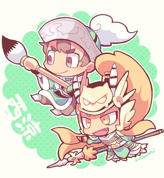2boys blonde_hair brown_eyes brown_hair calligraphy_brush chibi chibi_only chinese_clothes closed_mouth facial_hair fang full_body goatee_stubble holding holding_calligraphy_brush holding_paintbrush holding_polearm holding_weapon kotorai long_hair ma_chao ma_dai male_focus multiple_boys no_nose open_mouth paintbrush pointing polearm shin_sangoku_musou short_hair signature stubble translation_request very_long_hair weapon yellow_eyes
