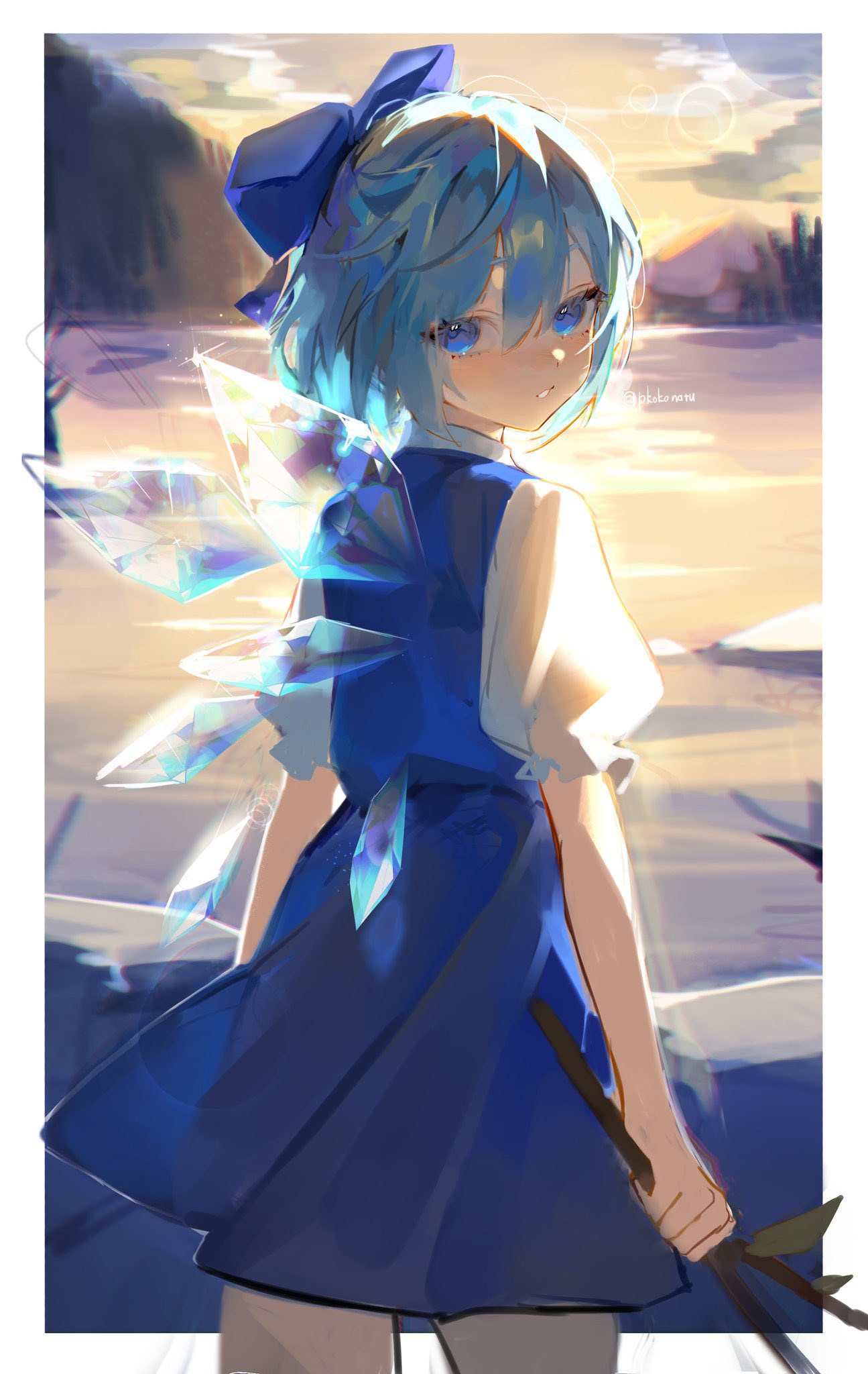 1girl artist_name blue_bow blue_dress blue_eyes blue_hair bow branch cirno commentary_request cowboy_shot dress from_behind hair_bow highres holding holding_branch ice ice_wings looking_at_viewer looking_back parted_lips pkokonatu puffy_short_sleeves puffy_sleeves shirt short_hair short_sleeves solo touhou twitter_username white_shirt wings