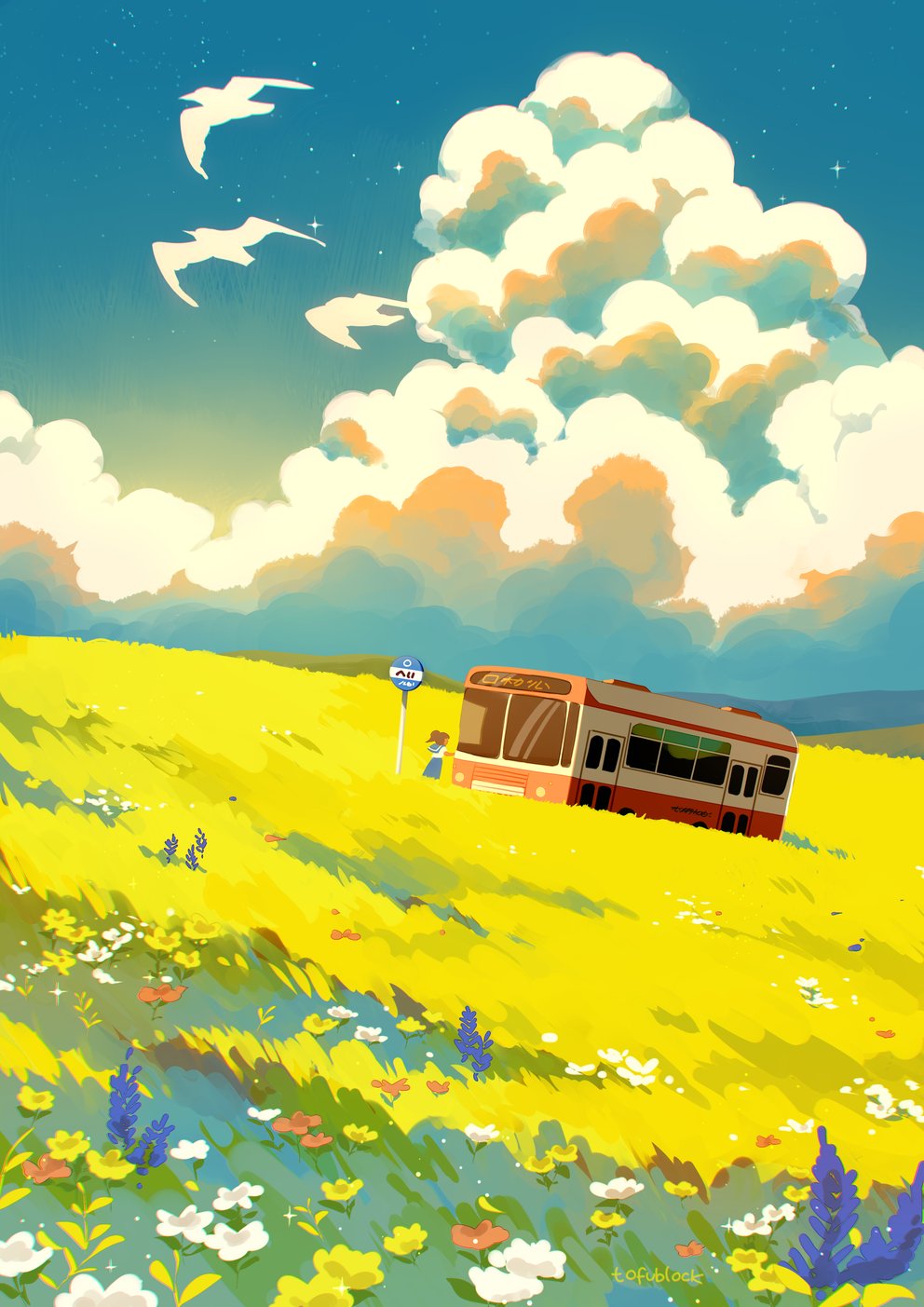1girl artist_name blue_sky bus clouds commentary day english_commentary field from_side highres hill jauni_(tofublock) landscape meadow motor_vehicle mountainous_horizon original outdoors road_sign scenery sign signature simple_bird sky very_wide_shot