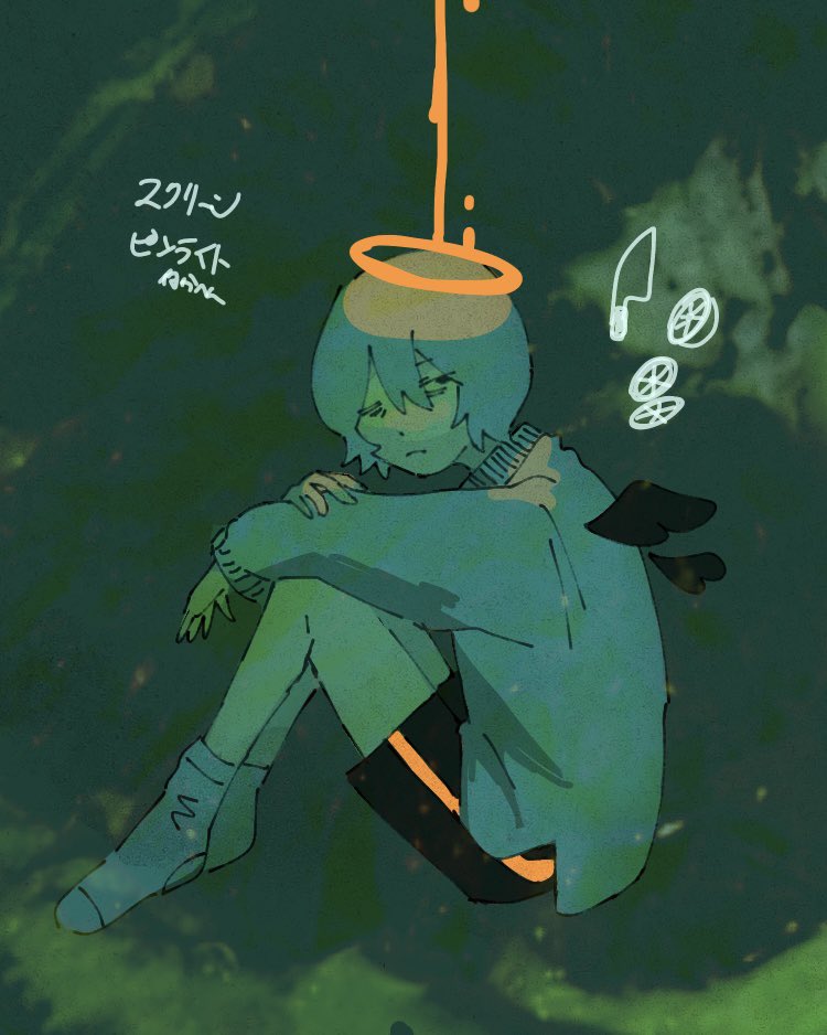 1boy angel angel_wings black_shorts black_wings blue_hair closed_mouth dated detached_wings full_body green_background hair_between_eyes halo knees_up kojima_midoriko long_sleeves looking_at_viewer male_focus no_shoes original short_hair shorts signature sitting socks solo sweater white_socks wings