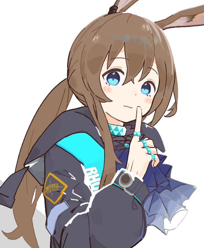 1girl amiya_(arknights) animal_ears arknights ascot black_jacket blue_ascot blue_eyes blush brown_hair closed_mouth finger_to_mouth hair_between_eyes half_updo hood hood_down hooded_jacket index_finger_raised jacket jewelry long_hair looking_at_viewer low_ponytail multiple_rings okaru4765857 open_clothes open_jacket portrait rabbit_ears rabbit_girl ring sidelocks simple_background smile solo white_background