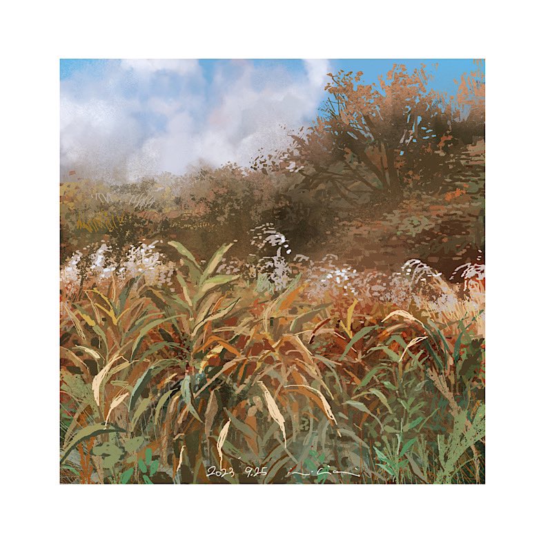 2023 blue_sky clouds cloudy_sky forest grass mimoth nature original overgrown painting_(medium) pastel_(medium) plant scenery sky tall_grass traditional_media tree weeds