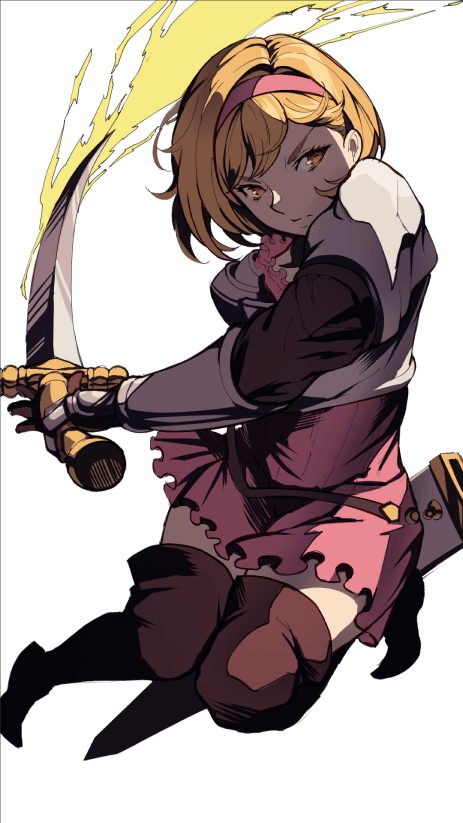1girl blonde_hair boots brown_eyes closed_mouth djeeta_(granblue_fantasy) dress facing_viewer floating gauntlets granblue_fantasy hairband holding holding_sword holding_weapon looking_to_the_side pink_dress pink_hairband scabbard sheath shimashima_(simasima_23) short_hair solo sword thigh_boots weapon white_background zettai_ryouiki