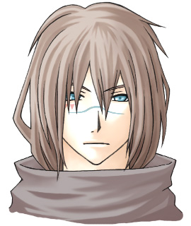 1boy bad_id blue_eyes brown_hair expressionless facial_mark final_fantasy final_fantasy_unlimited hair_between_eyes high_collar kuroki_kaze looking_at_viewer lowres male_focus medium_hair rendezvous scar scar_on_face scar_on_nose simple_background solo upper_body white_background