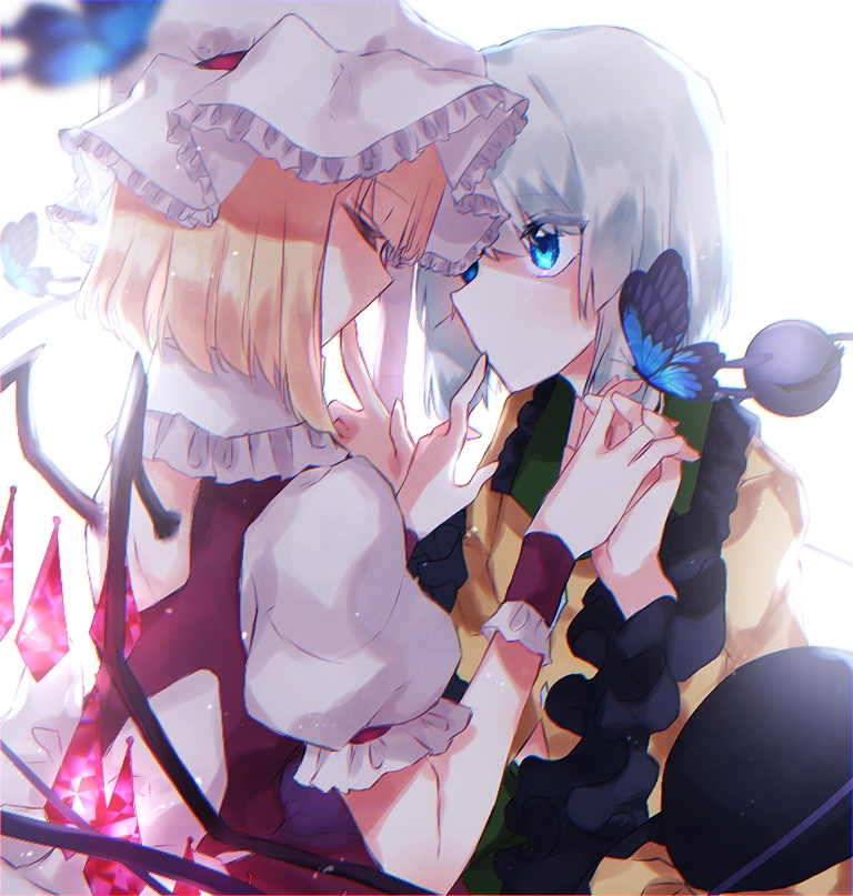 2girls back_bow backlighting blonde_hair blouse blue_butterfly blue_eyes blurry bow bug butterfly closed_eyes closed_mouth crystal depth_of_field finger_to_mouth flandre_scarlet frilled_shirt_collar frilled_sleeves frills glowing glowing_eye glowing_wings grey_hair hat hat_ribbon holding_hands interlocked_fingers komeiji_koishi long_sleeves looking_at_another medium_hair mob_cap multiple_girls puffy_short_sleeves puffy_sleeves red_ribbon red_vest ribbon ribbon-trimmed_headwear ribbon_trim shirt short_sleeves simple_background third_eye touhou tsuyuji_shigure vest white_background white_bow white_headwear white_shirt wide_sleeves wings wrist_cuffs yellow_shirt