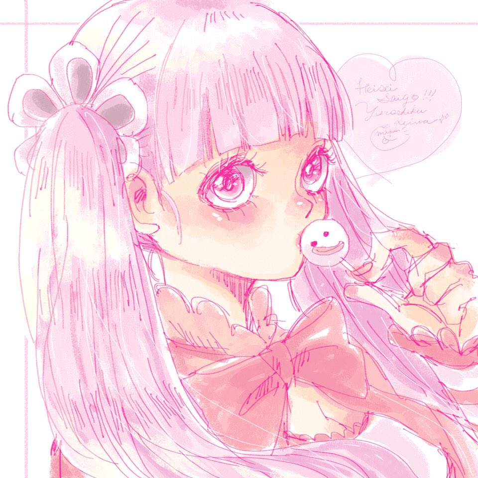 1girl blunt_bangs blush bow candy capelet close-up commentary_request eyelashes food hair_bow lollipop long_sleeves looking_at_viewer looking_up mrnmikannn neck_ribbon one_piece perona pink_eyes pink_theme ribbon signature twintails