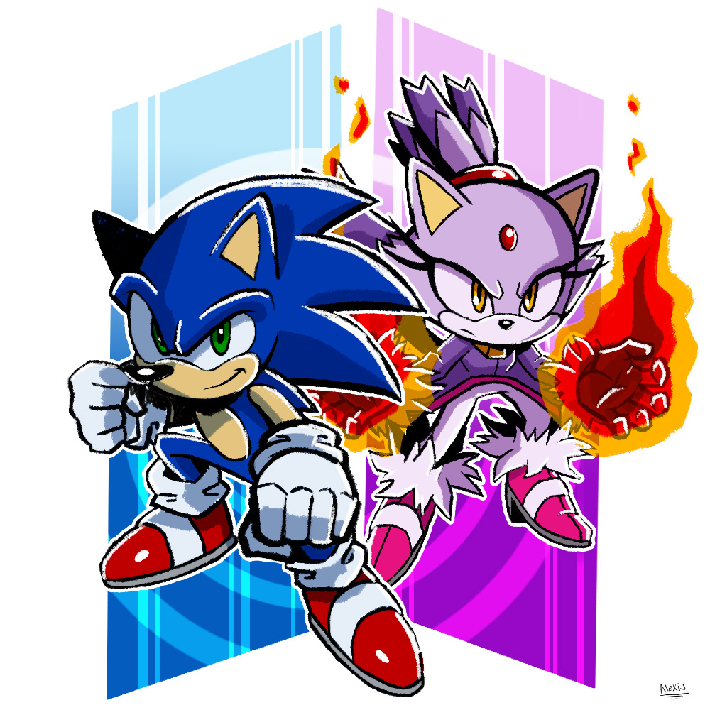 1boy 1girl alexiscreed blaze_the_cat blue_fur clenched_hands fire forehead_jewel fur-trimmed_footwear fur-trimmed_gloves fur_trim furry furry_female furry_male gloves green_eyes jacket pants pink_footwear ponytail purple_fur purple_jacket red_footwear sonic_(series) sonic_rush sonic_the_hedgehog white_gloves white_pants yellow_eyes