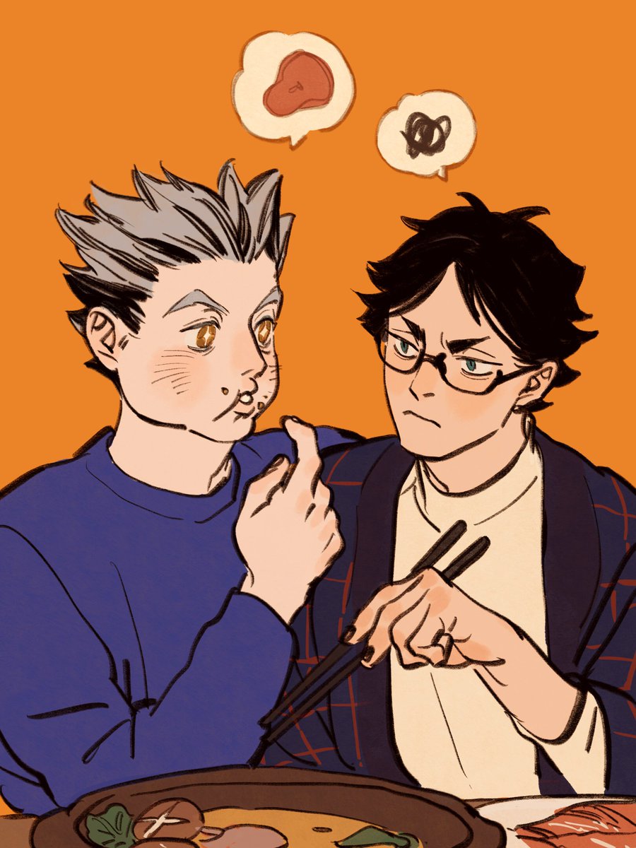 +_+ 2boys :i akaashi_keiji black_hair blue_sweater bokuto_koutarou brown_hair chengongzi123 chopsticks closed_mouth eating food glasses green_eyes grey_hair haikyuu!! hand_up highres holding holding_chopsticks long_sleeves looking_at_another male_focus multicolored_hair multiple_boys open_mouth orange_background scribble short_hair simple_background speech_bubble spoken_food streaked_hair sweater thick_eyebrows upper_body very_short_hair