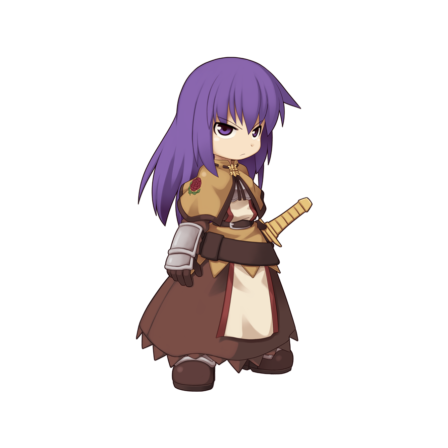1girl brown_dress chest_guard chibi closed_mouth dress fighting_stance floral_print frilled_dress frills frown full_body gauntlets holding holding_sword holding_weapon long_hair medium_bangs official_art purple_hair ragnarok_online ready_to_draw rose_print sidelocks simple_background solo standing sword swordsman_(ragnarok_online) tachi-e transparent_background v-shaped_eyebrows violet_eyes weapon yuichirou