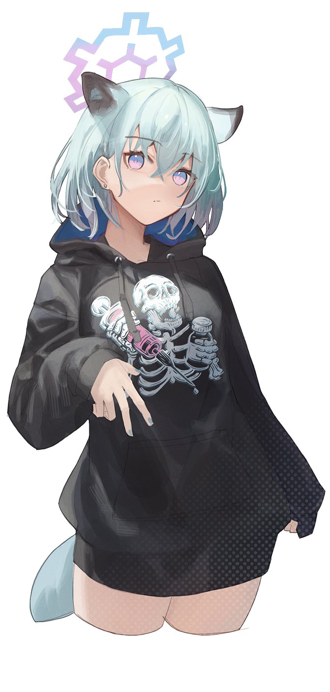 1girl animal_ears black_hoodie blue_archive blue_halo breasts closed_mouth earrings flippy_(cripine111) green_hair hair_between_eyes halo highres hood hood_down hoodie jewelry looking_at_viewer medium_breasts multicolored_halo shigure_(blue_archive) short_hair skull solo tail violet_eyes weasel_ears weasel_tail white_background