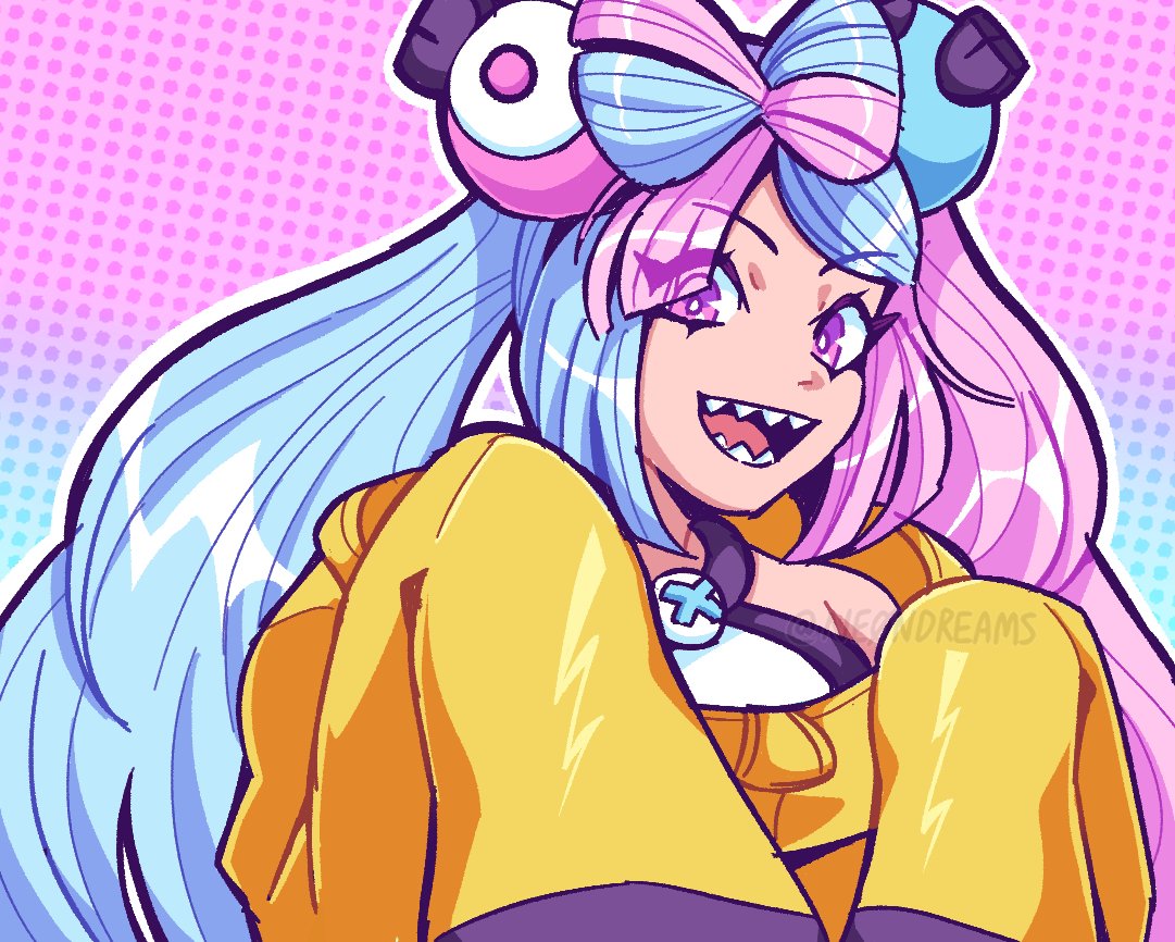 1girl blue_hair character_hair_ornament hair_ornament iono_(pokemon) jacket looking_at_viewer multicolored_hair ne0n open_mouth oversized_clothes pink_eyes pink_hair pokemon pokemon_sv sharp_teeth sleeves_past_fingers sleeves_past_wrists teeth twitter_username two-tone_background two-tone_hair upper_body yellow_jacket