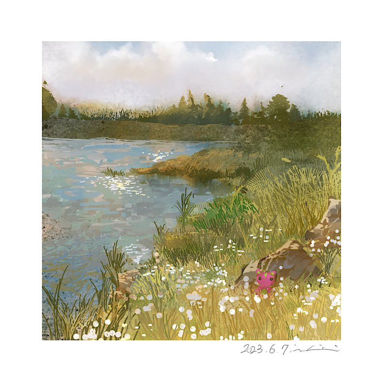 2023 blue_sky clouds cloudy_sky creature grass lake mimoth original painting_(medium) pastel_(medium) reflection reflective_water river riverbank rock scenery sky tall_grass traditional_media tree water