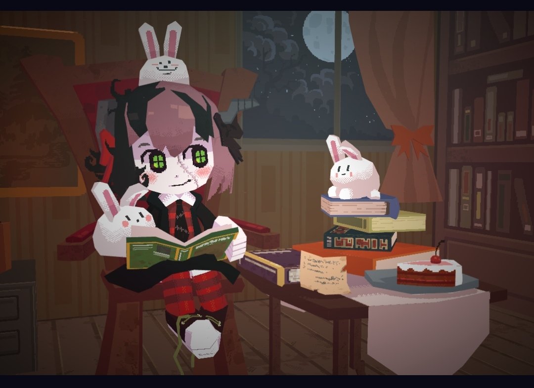 1girl 3d animal animal_on_book animal_on_head animal_on_lap black_border black_footwear black_hair black_jacket black_necktie book bookshelf border bow cake chair cherry child clouds collared_shirt colored_skin crea_flankenstein curtains food fruit full_moon funamusea green_pupils jacket light_blush looking_at_animal looking_to_the_side low_poly moon multicolored_hair necktie night night_sky note object_through_head on_head on_lap pink_hair plate rabbit red_bow red_curtains red_shirt red_thighhighs screw_in_head shirt sitting sky smile stitched_face stitches streaked_hair striped_clothes striped_shirt striped_thighhighs symbol-shaped_pupils table thigh-highs untied_footwear white_skin window wooden_chair wooden_floor woooh zombie