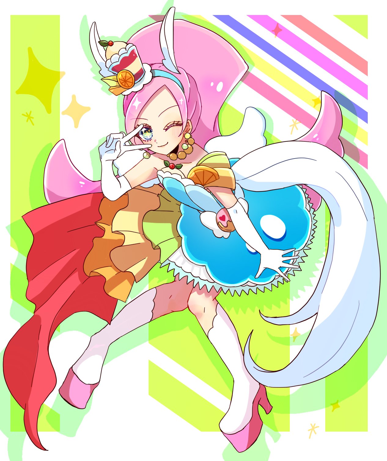1girl abstract_background animal_ears blue_dress blue_hairband blush boots closed_mouth collarbone cure_parfait dress earrings elbow_gloves extra_ears flipped_hair food-themed_hair_ornament full_body gloves green_eyes hair_ornament hairband highres horse_ears horse_tail jewelry kirahoshi_ciel kirakira_precure_a_la_mode knee_boots knees_together_feet_apart long_hair looking_at_viewer multicolored_background necklace norinorio59 one_eye_closed pearl_necklace pink_hair ponytail precure short_dress smile solo standing star_(symbol) star_in_eye symbol_in_eye tail v white_footwear white_gloves white_wings wings