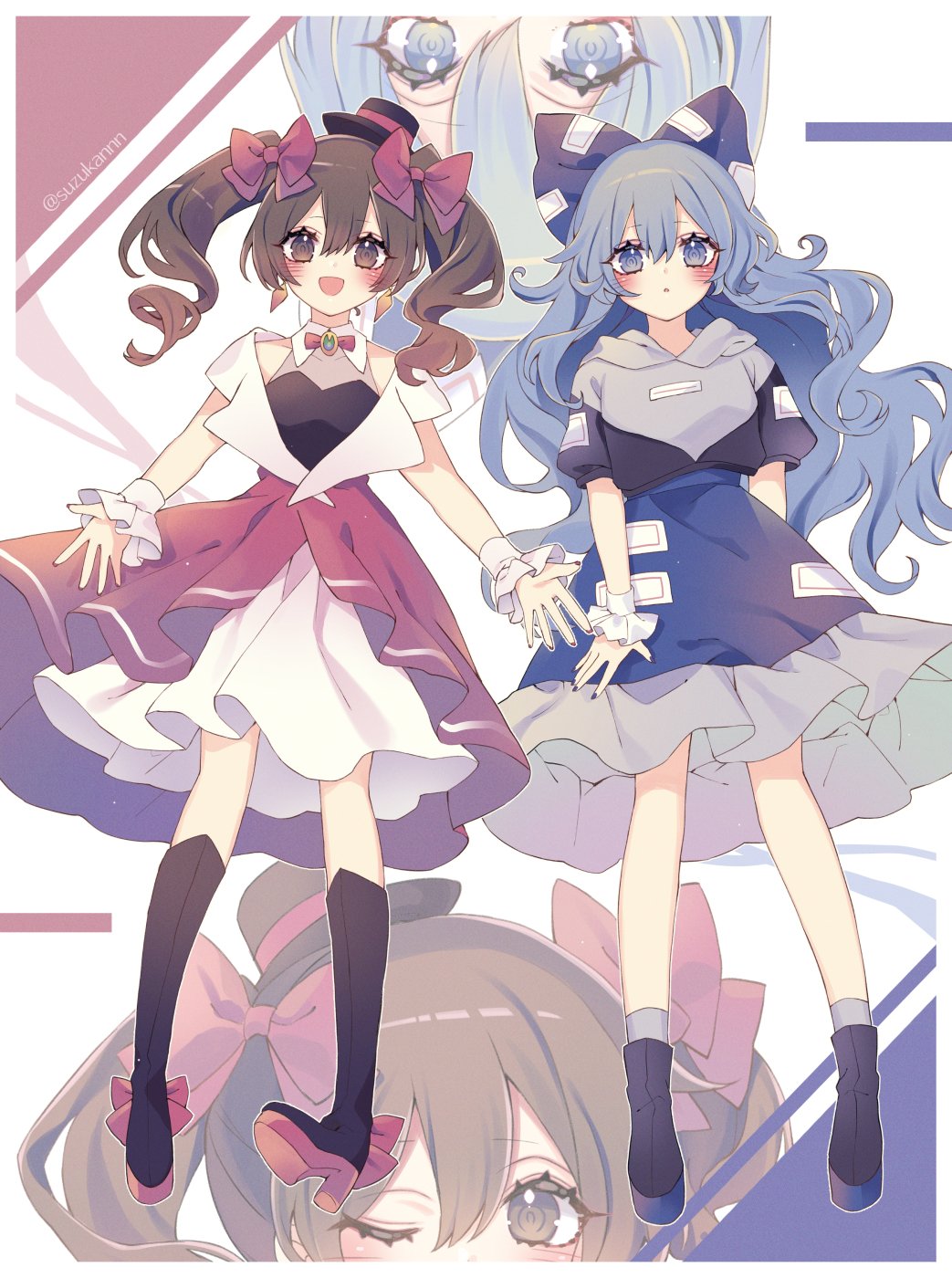 2girls :d adapted_costume artist_name black_footwear black_headwear blue_bow blue_eyes blue_hair blue_skirt blush boots bow brown_eyes brown_hair commentary_request dress frilled_cuffs full_body grey_dress hair_bow hat high_heel_boots high_heels highres hood hood_down hooded_dress kyouda_suzuka long_hair looking_at_viewer mini_hat mini_top_hat multiple_girls one_eye_closed open_mouth pink_bow red_skirt short_sleeves siblings sisters skirt smile top_hat touhou twintails white_dress yorigami_jo'on yorigami_shion