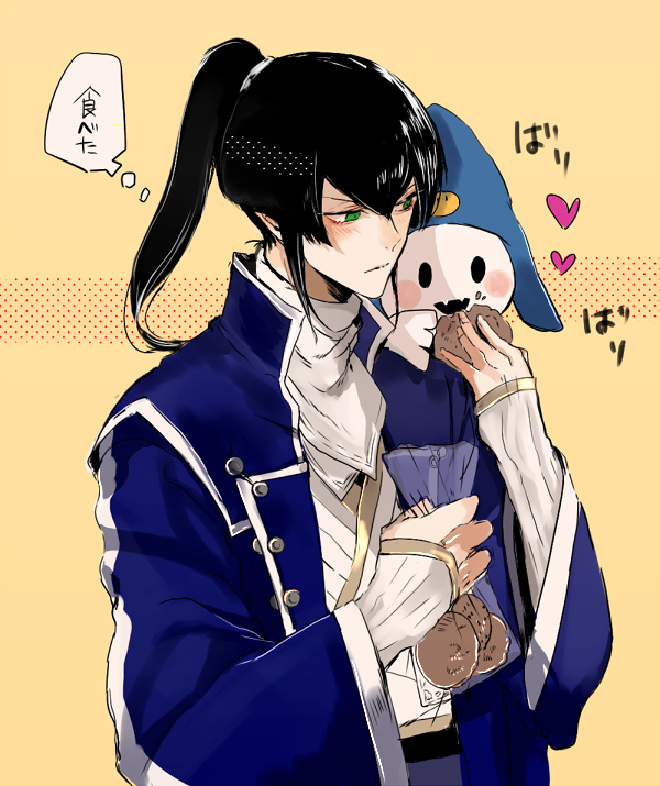 1boy black_hair blush coat commentary_request flynn_(smt4) food green_eyes heart high_ponytail holding holding_food iriya_(lonesome) jack_frost long_hair male_focus monster ponytail samurai shin_megami_tensei shin_megami_tensei_iv thought_bubble translation_request upper_body yellow_background