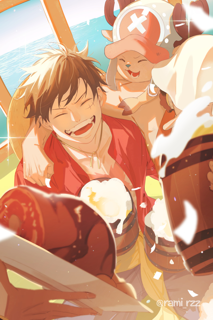 ^_^ antlers beer_mug black_hair blue_shorts closed_eyes cup food hat highres holding holding_cup holding_plate horns meat monkey_d._luffy mug ocean one_piece open_clothes open_mouth open_shirt plate rami_rz red_shirt reindeer_antlers sanji_(one_piece) sash scar scar_on_chest shirt shorts sky smile straw_hat tony_tony_chopper twitter_username usopp yellow_sash