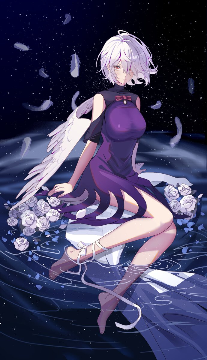 1girl bare_legs bare_shoulders barefoot bird_wings breasts closed_mouth dress feathered_wings feathers flower grey_hair hair_over_one_eye highres kishin_sagume large_breasts leg_ribbon niceguangguang night night_sky partially_submerged purple_dress red_eyes ribbon rose shin_strap single_wing sitting sky solo touhou water white_flower white_ribbon white_rose white_wings wings
