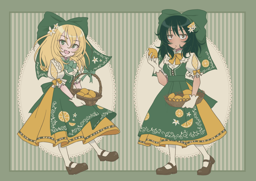 2girls alternate_costume andou_(girls_und_panzer) apron basket black_footwear black_hair blonde_hair blue_eyes bow bowtie brown_eyes closed_mouth commentary dark-skinned_female dark_skin doily flower food french_clothes frilled_sleeves frills fruit girls_und_panzer gloves green_apron green_bow green_bowtie hair_bow hair_flower hair_ornament high_collar holding holding_basket holding_food holding_fruit large_bow lemon light_frown long_skirt looking_at_viewer mary_janes matching_outfits medium_hair messy_hair multiple_girls open_mouth oshida_(girls_und_panzer) pantyhose puffy_short_sleeves puffy_sleeves salt-apple shirt shoes short_sleeves skirt smile standing standing_on_one_leg white_gloves white_pantyhose white_shirt yellow_bow yellow_bowtie yellow_skirt