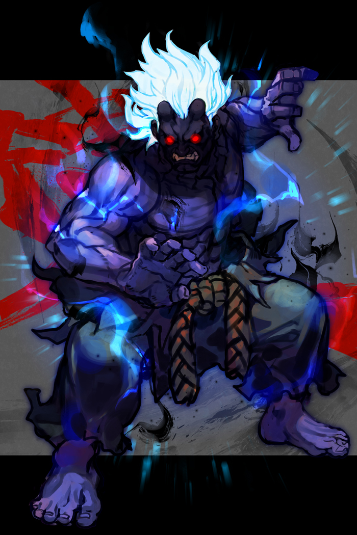 1boy akuma_(street_fighter) barefoot clenched_teeth colored_skin dougi electricity fighting_stance glowing glowing_eyes glowing_hair hankuri horns kuruoshiki_oni male_focus muscular muscular_male purple_skin red_eyes skin-covered_horns solo street_fighter teeth topless_male white_hair