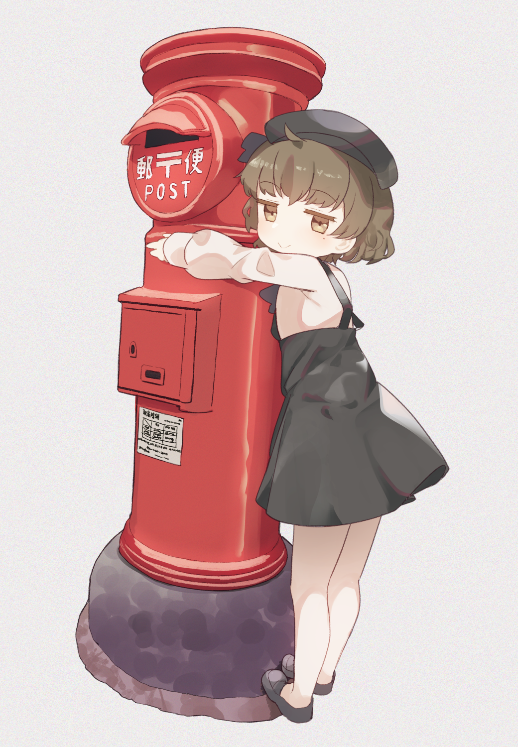 1girl beret black_headwear black_skirt blouse blush brown_eyes brown_hair full_body hat hatoba_tsugu highres hugging_object japanese_cylindrical_postbox japanese_postal_mark looking_at_viewer looking_to_the_side mole mole_under_eye niizuka_(c-drop) pantyhose postbox_(outgoing_mail) shirt shoes simple_background skirt smile solo suspender_skirt suspenders tsugu_(vtuber) virtual_youtuber white_pantyhose white_shirt
